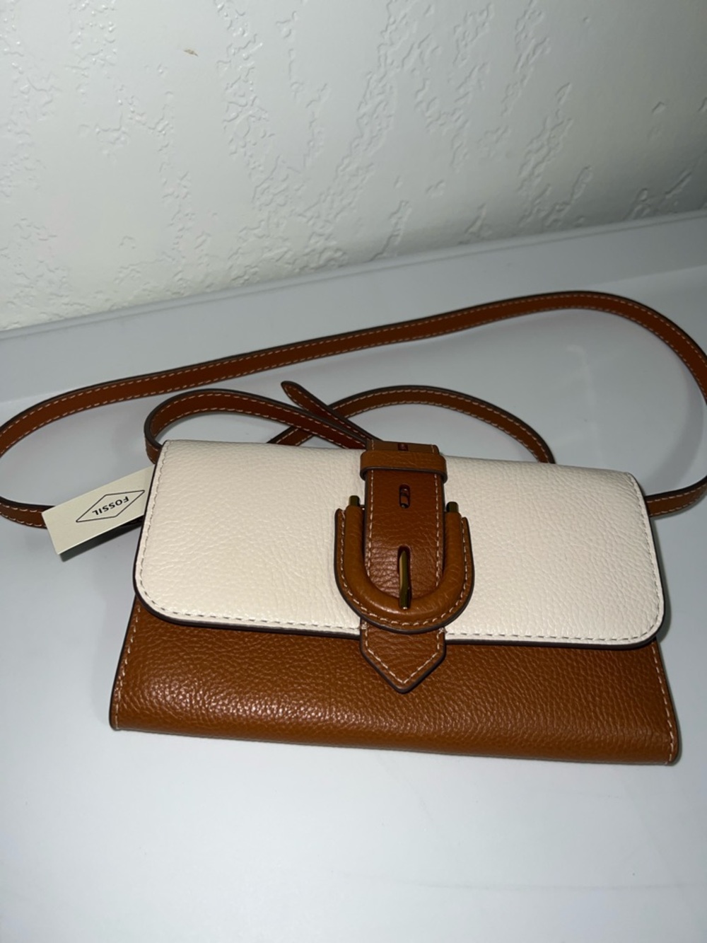 Fossil Harwell Cream and Brown Two-Tone Pebbled Leather Crossbody